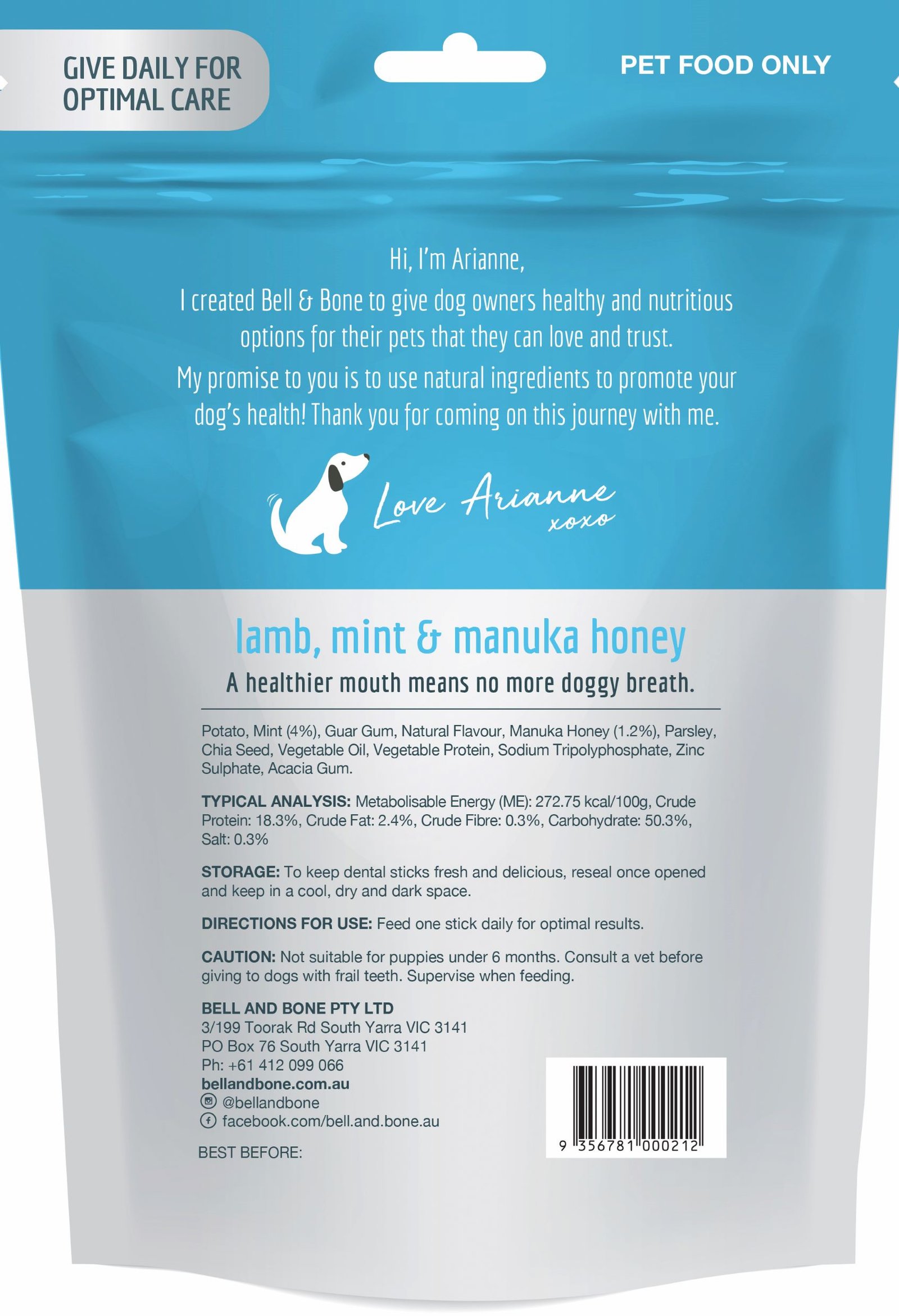 Bell & Bone Dental Stick Lamb, Mint & Manuka Honey Aussie Paws Nutrition